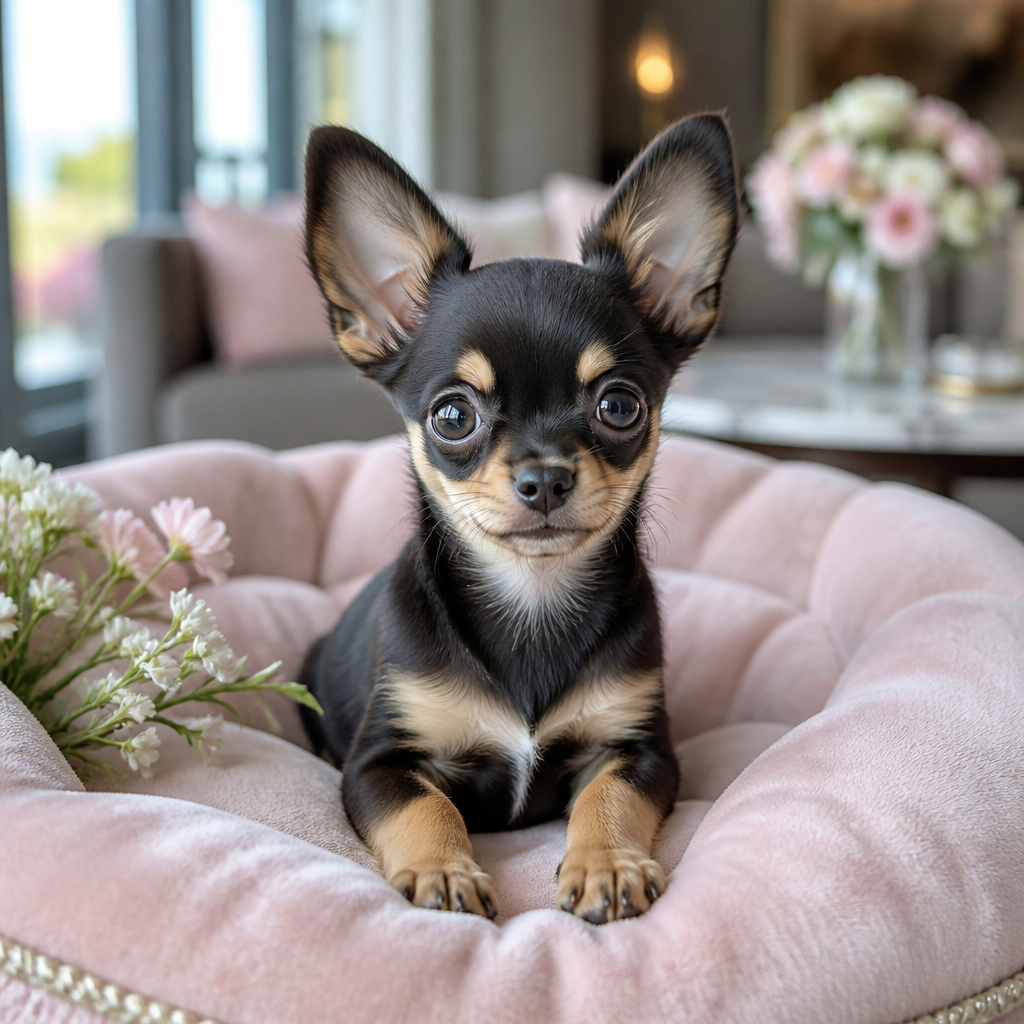 A long-hair Chihuahua puppy and a white Maltese puppy sitting together, a comparison of small breed puppies for sale in California.