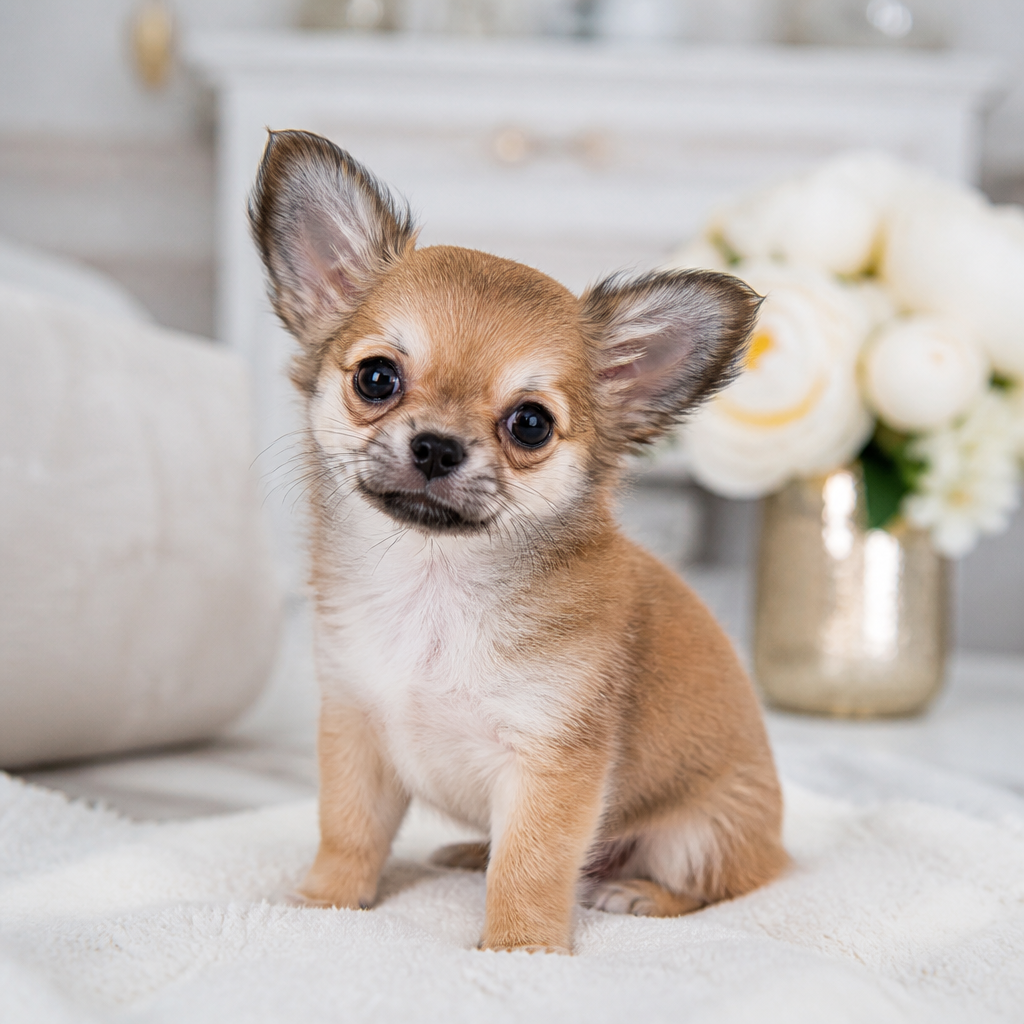 A long hair Chihuahua puppy and a Pomeranian puppy sitting side by side, part of a comparison for families looking for small breed puppies for sale in California.