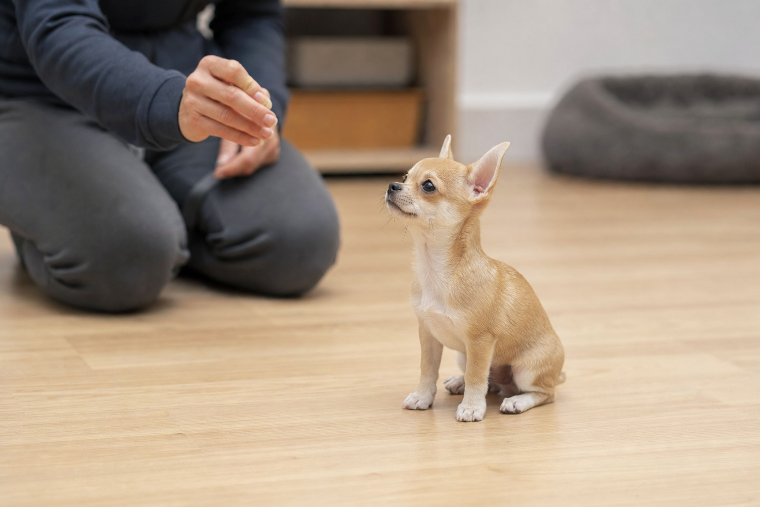 A happy long-haired Chihuahua looking attentively at its owner during a positive reinforcement training session outdoors.