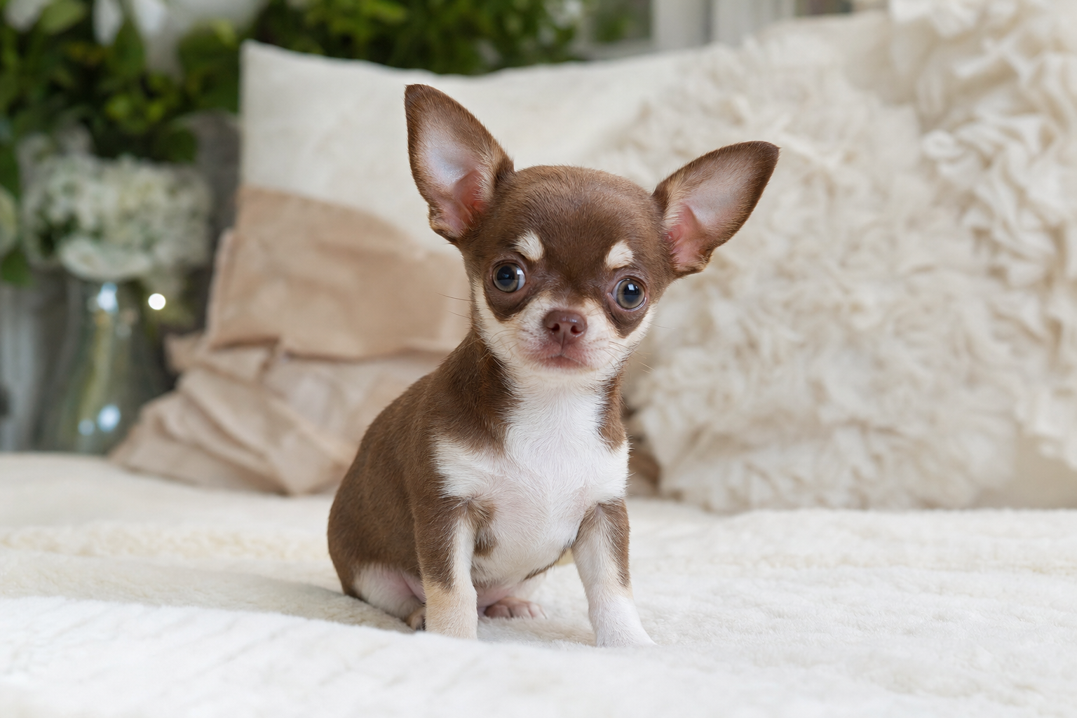 A beautiful long hair Chihuahua puppy, one of the best small hypoallergenic dogs for families, sitting in a sunny room.