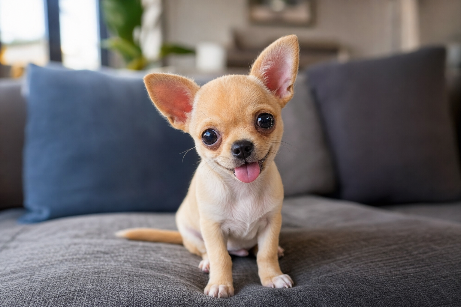 A small, tan Chihuahua puppy looking curious while sitting on a bright green lawn in the summer sun.