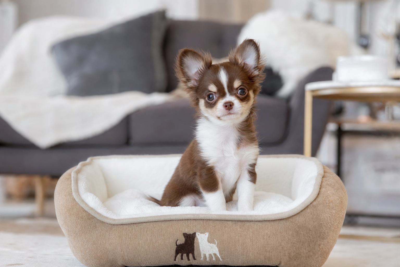 A well-behaved Apple Head Chihuahua puppy sitting patiently, demonstrating the result of good Chihuahua puppy training tips.