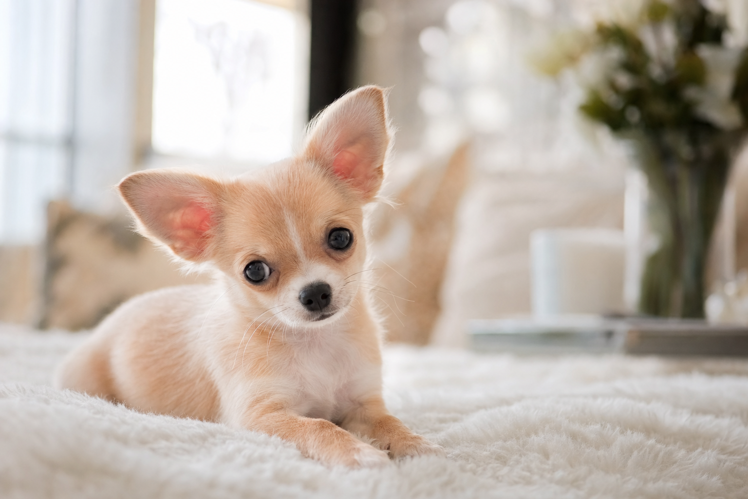 A tiny apple head Chihuahua puppy learning how to potty train on a training pad in a bright, modern apartment.