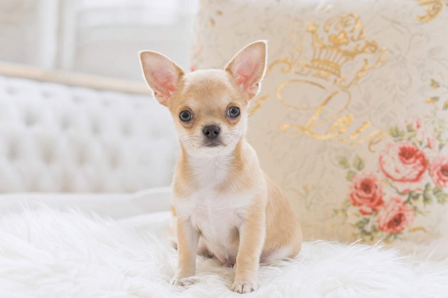 A tiny Apple Head Chihuahua puppy from World Class Puppies learning how to potty train in a Los Angeles high-rise apartment.