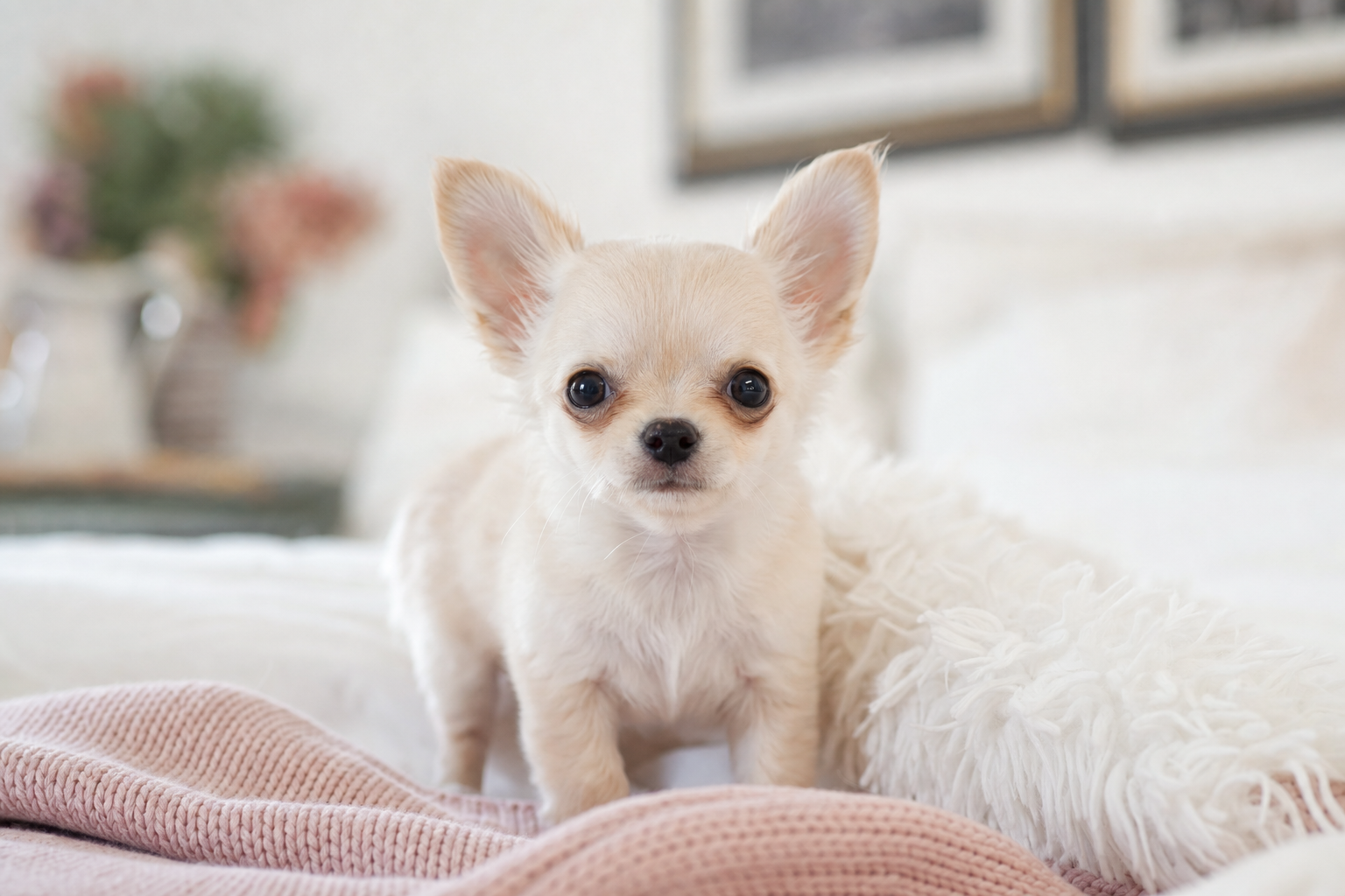 A small cream Apple Head Chihuahua puppy safely socializing, illustrating tips for socializing a Chihuahua puppy in California.