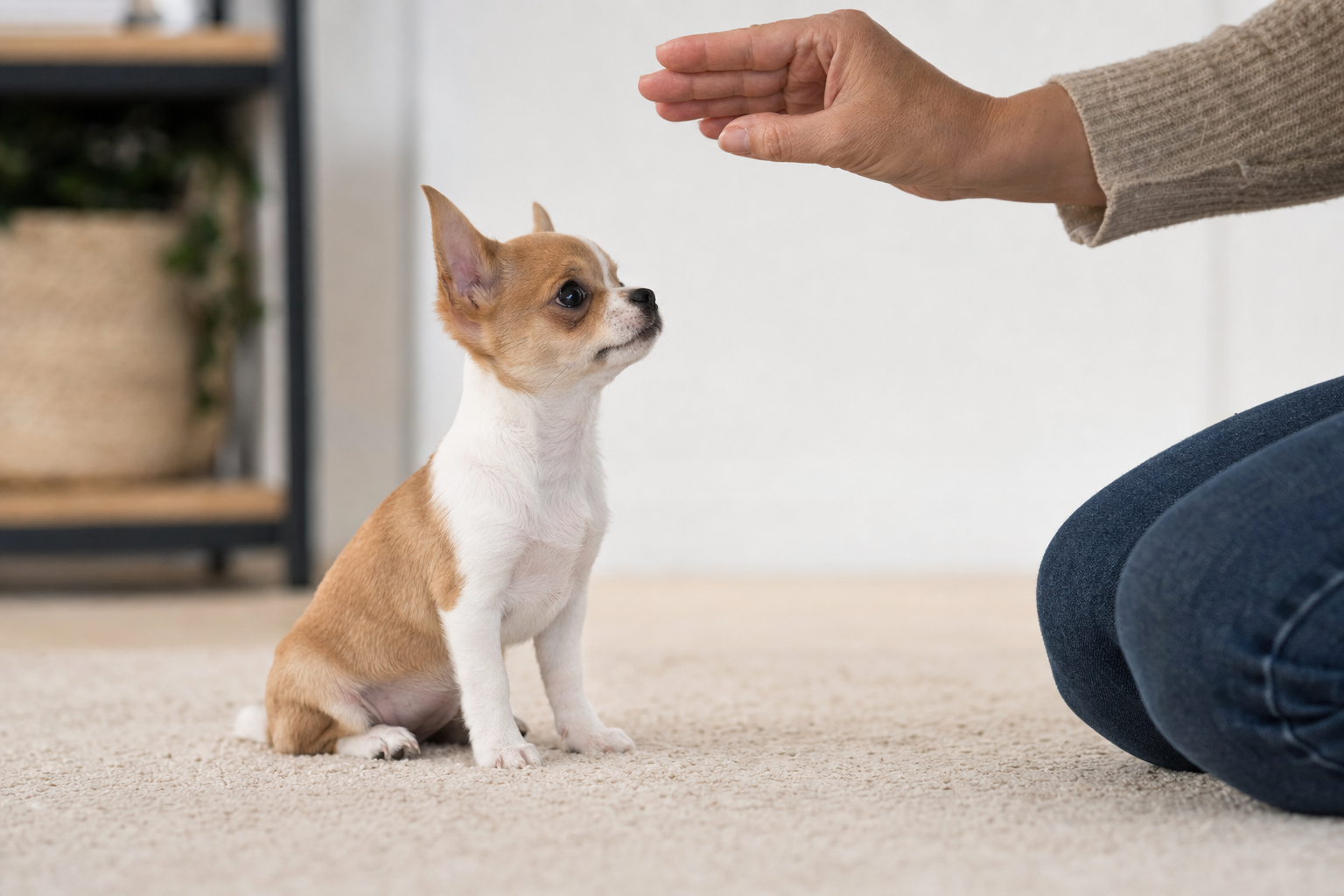 A focused Chihuahua puppy sitting patiently on a bright green lawn, looking up at its owner during a summer training session.