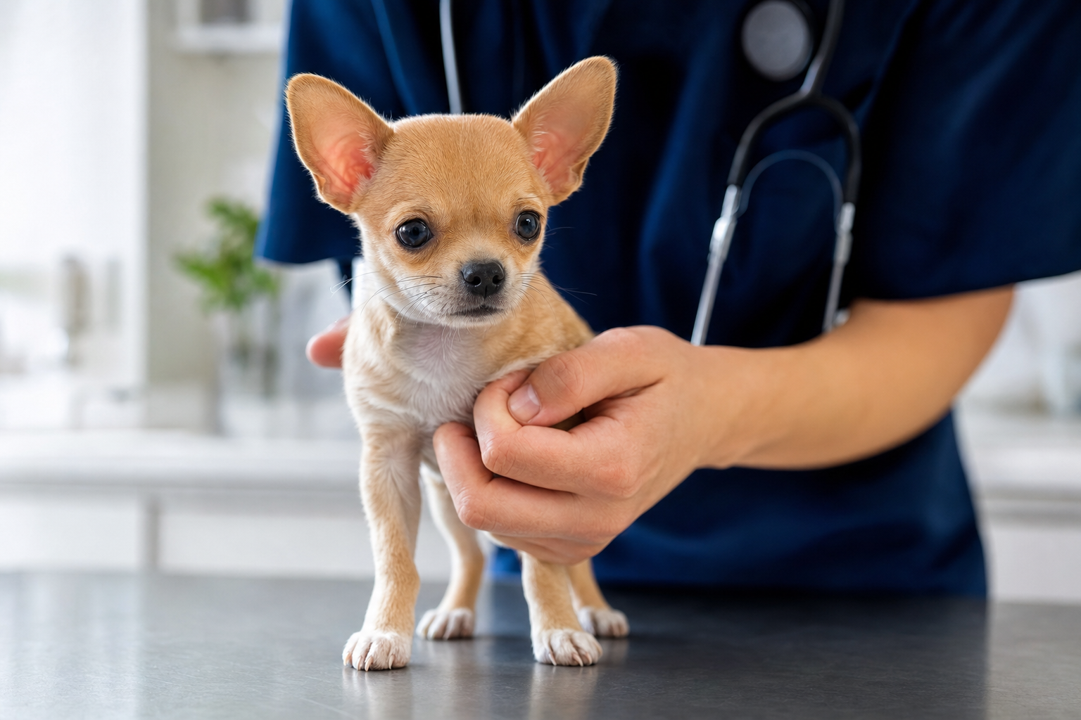 A healthy long-coat Chihuahua looking alert on a veterinarian's examination table, with a stethoscope visible nearby.