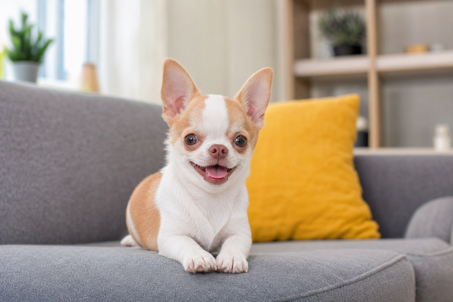 A tiny, curious fawn-colored Chihuahua puppy looking up at the camera while sitting on a soft white blanket.