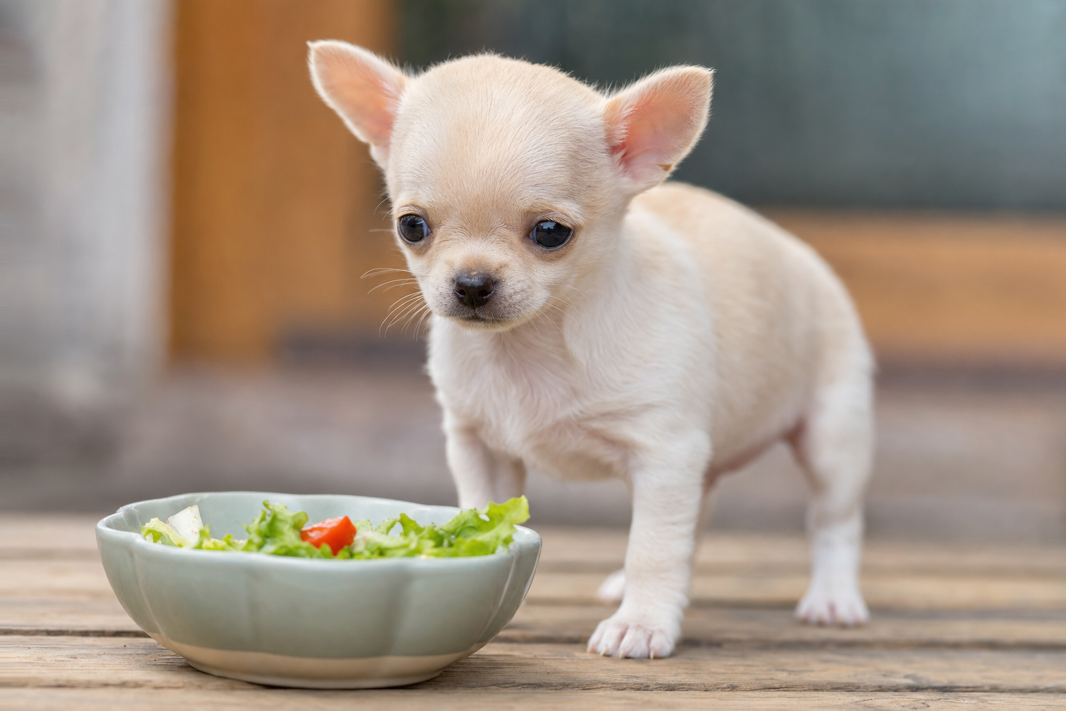 A healthy adult Chihuahua eagerly looks at a small bowl of high-quality kibble placed on a clean kitchen floor.