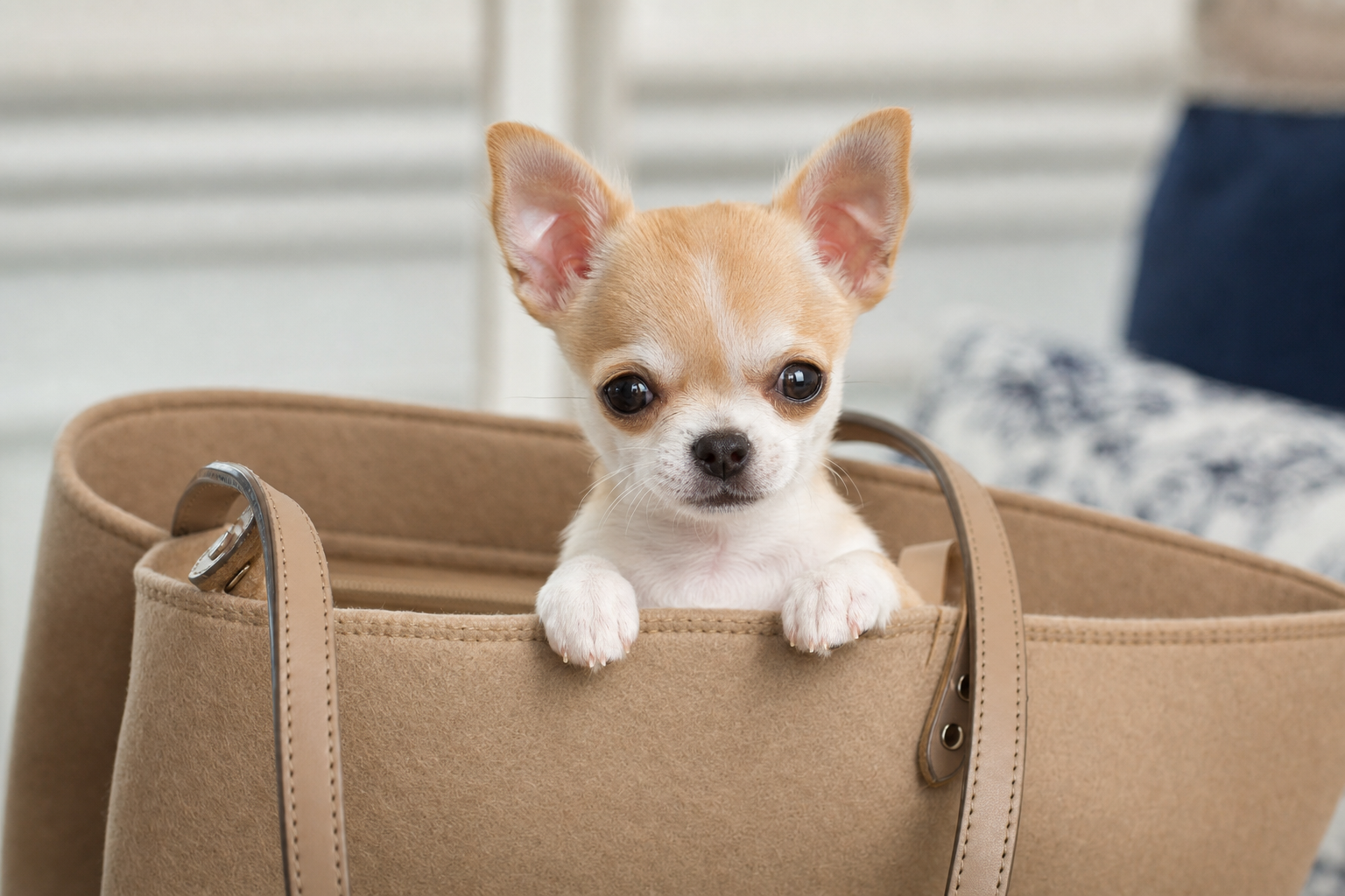 A tiny cream-colored Apple Head Chihuahua puppy next to its food, illustrating a proper Chihuahua puppy feeding schedule.