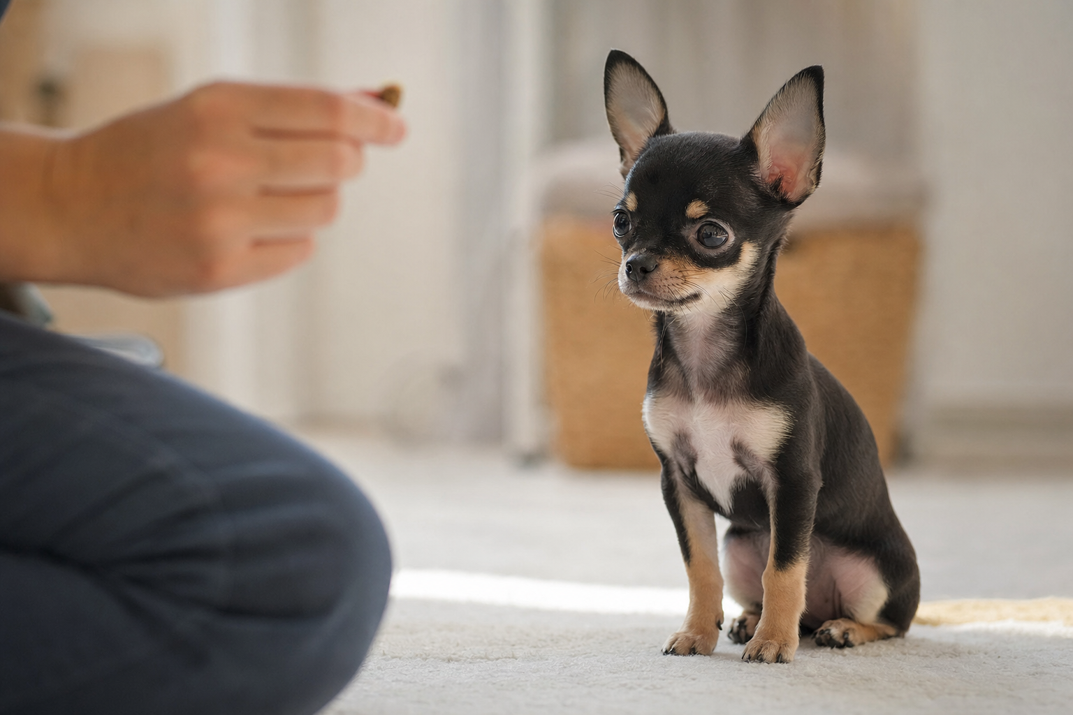 A happy fawn-colored Chihuahua puppy sitting attentively on a green lawn, looking up at its owner during a summer training session.