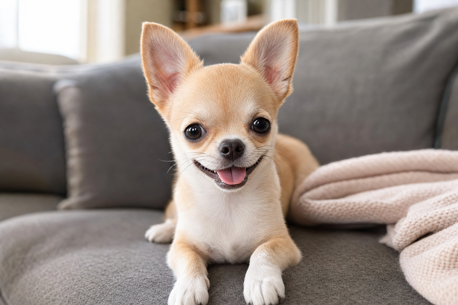 A tiny, curious Chihuahua puppy cautiously sniffing a new toy on a soft blanket, representing early life experiences.