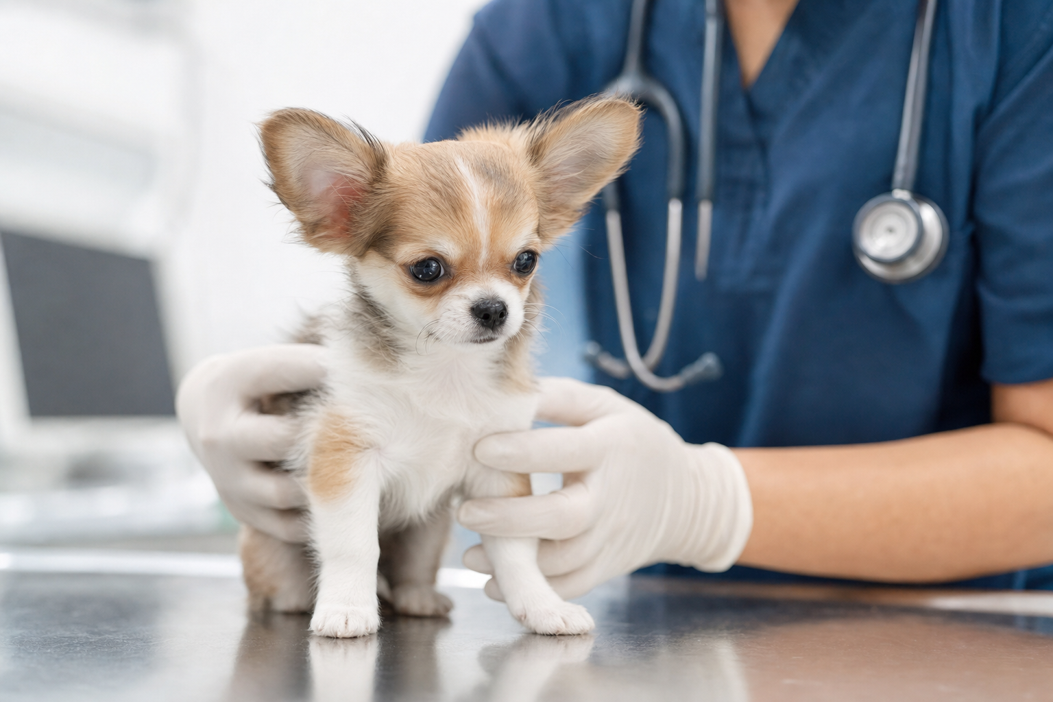 A healthy, alert senior Chihuahua sitting on a plush dog bed, looking attentively at the camera in a brightly lit room.