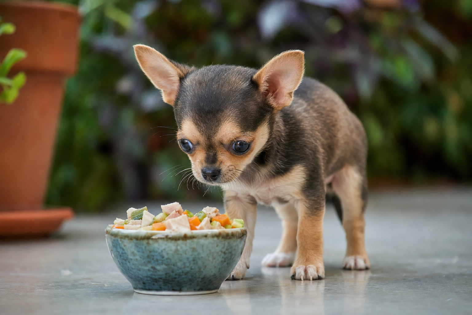 A healthy tri-color Chihuahua puppy sitting attentively next to a small bowl of high-quality kibble.