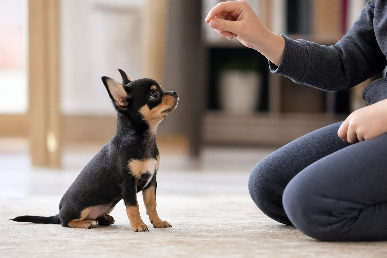 A focused brown Chihuahua puppy sitting attentively on a green lawn, looking up at its owner during a summer training session.