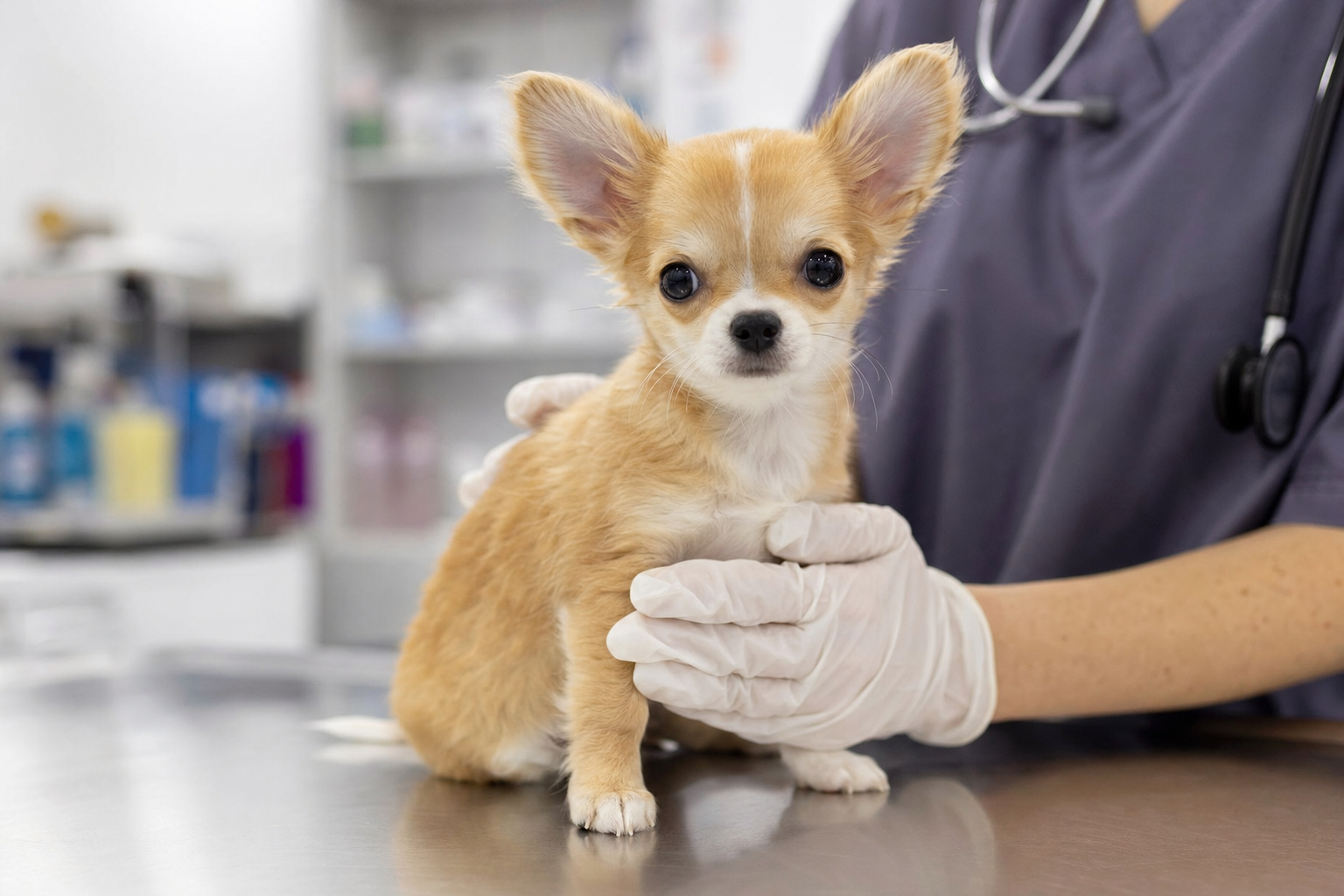 A healthy adult Chihuahua sitting alertly on a veterinarian's examination table, looking towards the camera.
