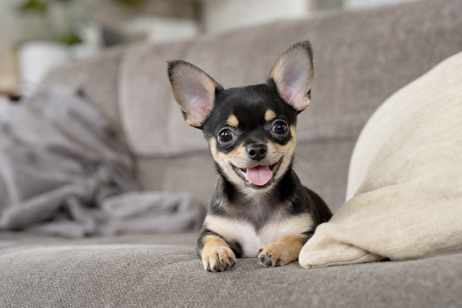 A tiny, adorable Chihuahua puppy looking up curiously, sitting on a soft blanket indoors, representing the first year of its life.
