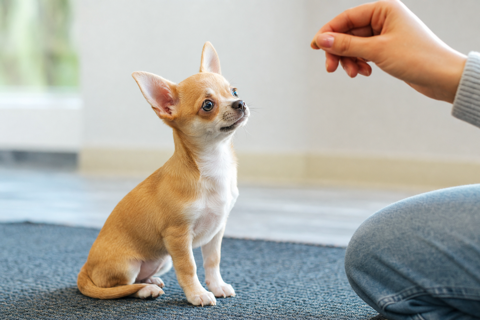 A fawn-colored Chihuahua puppy sitting attentively on a green lawn, looking up at its owner during a training session.