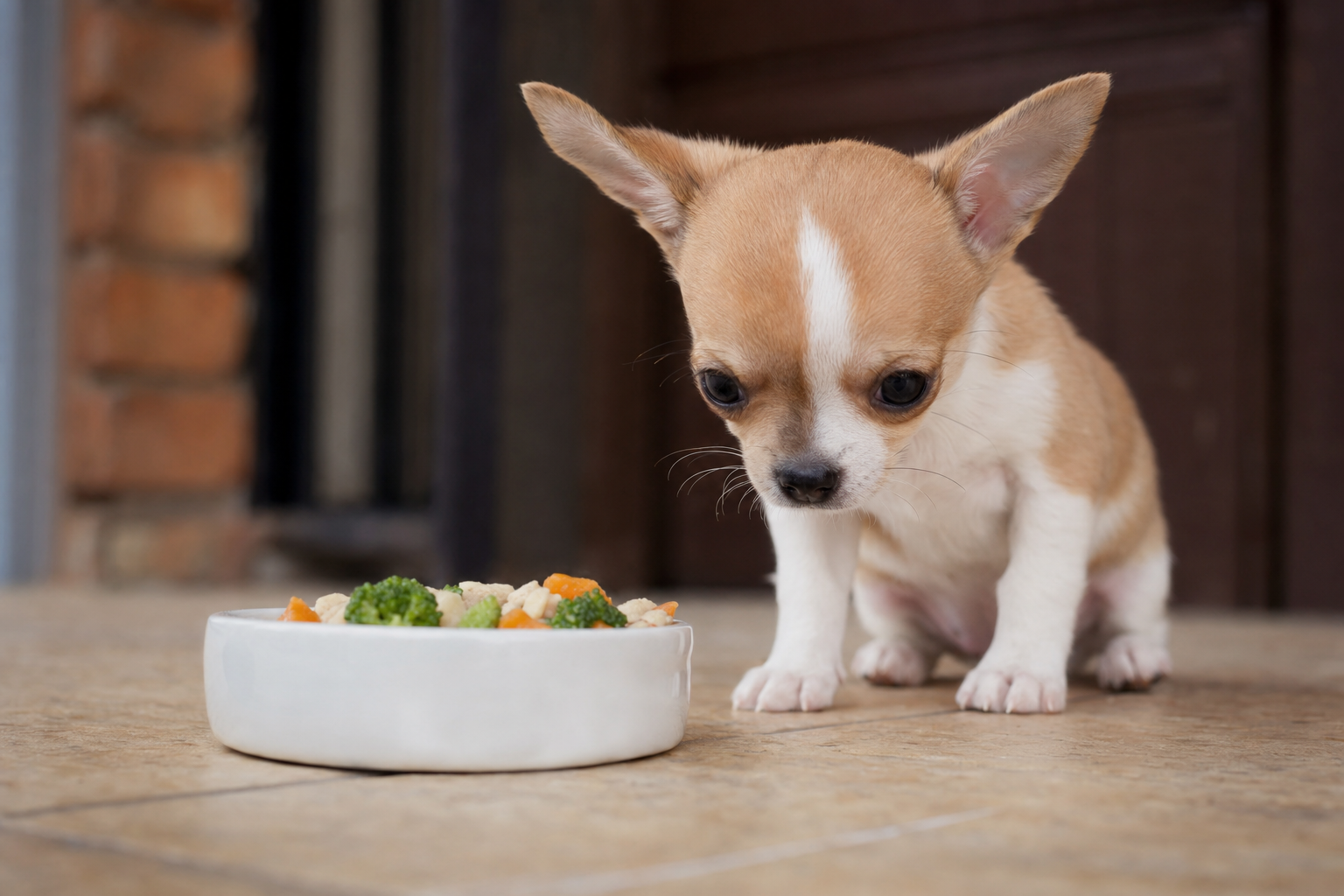A healthy long-coat Chihuahua drinks water from a clean, shallow ceramic bowl placed on a tile floor.