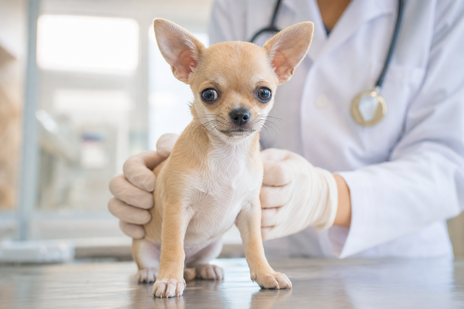 A healthy, alert apple-head Chihuahua sitting on a vet's examination table, looking calmly at the camera.