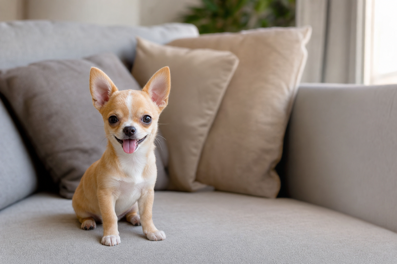 A small, tan Chihuahua puppy looking curiously at the camera while sitting on a soft, light-colored blanket indoors.