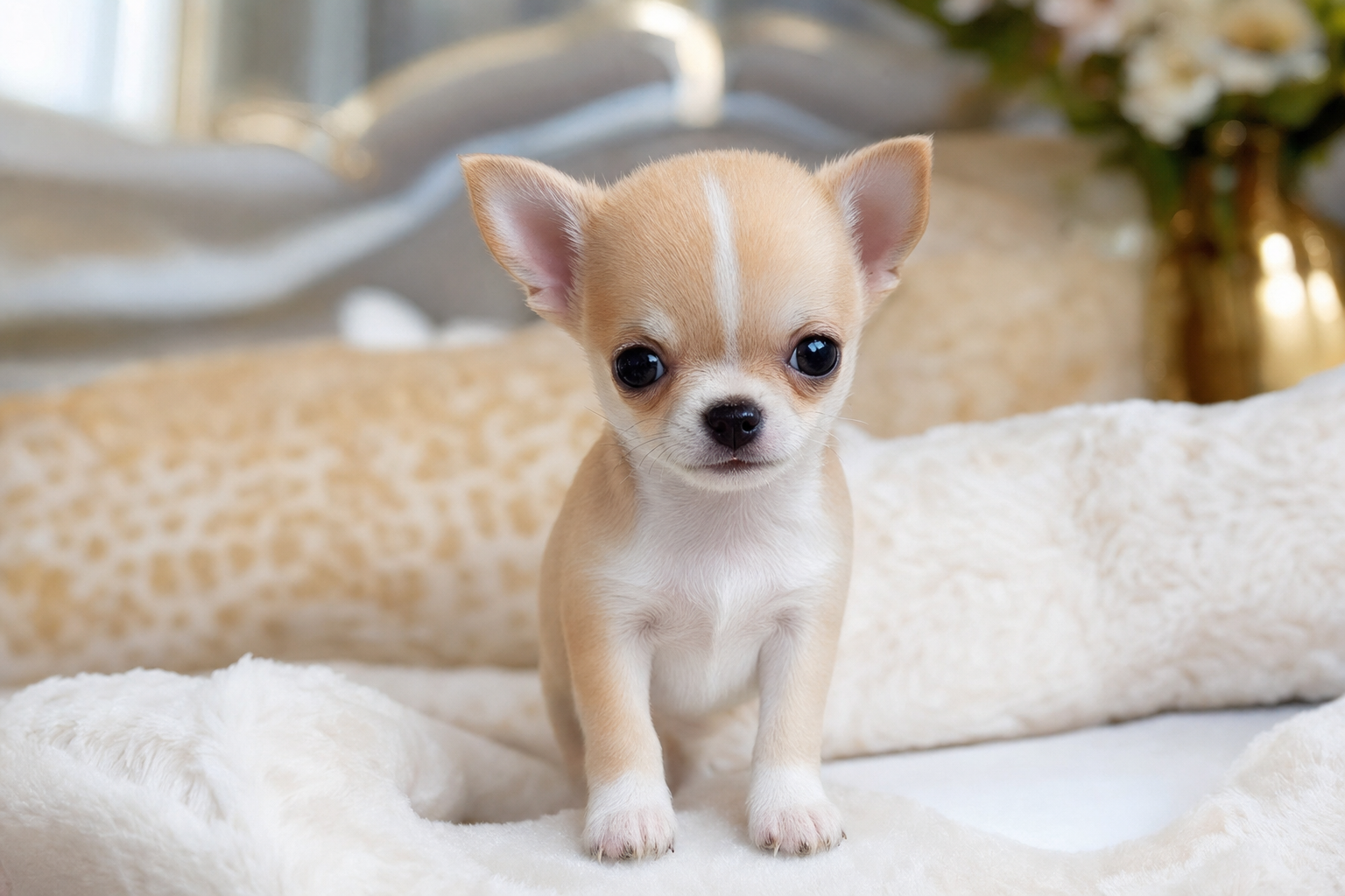 A tiny Apple Head Teacup Chihuahua puppy, illustrating the importance of proper spay and neuter timing.