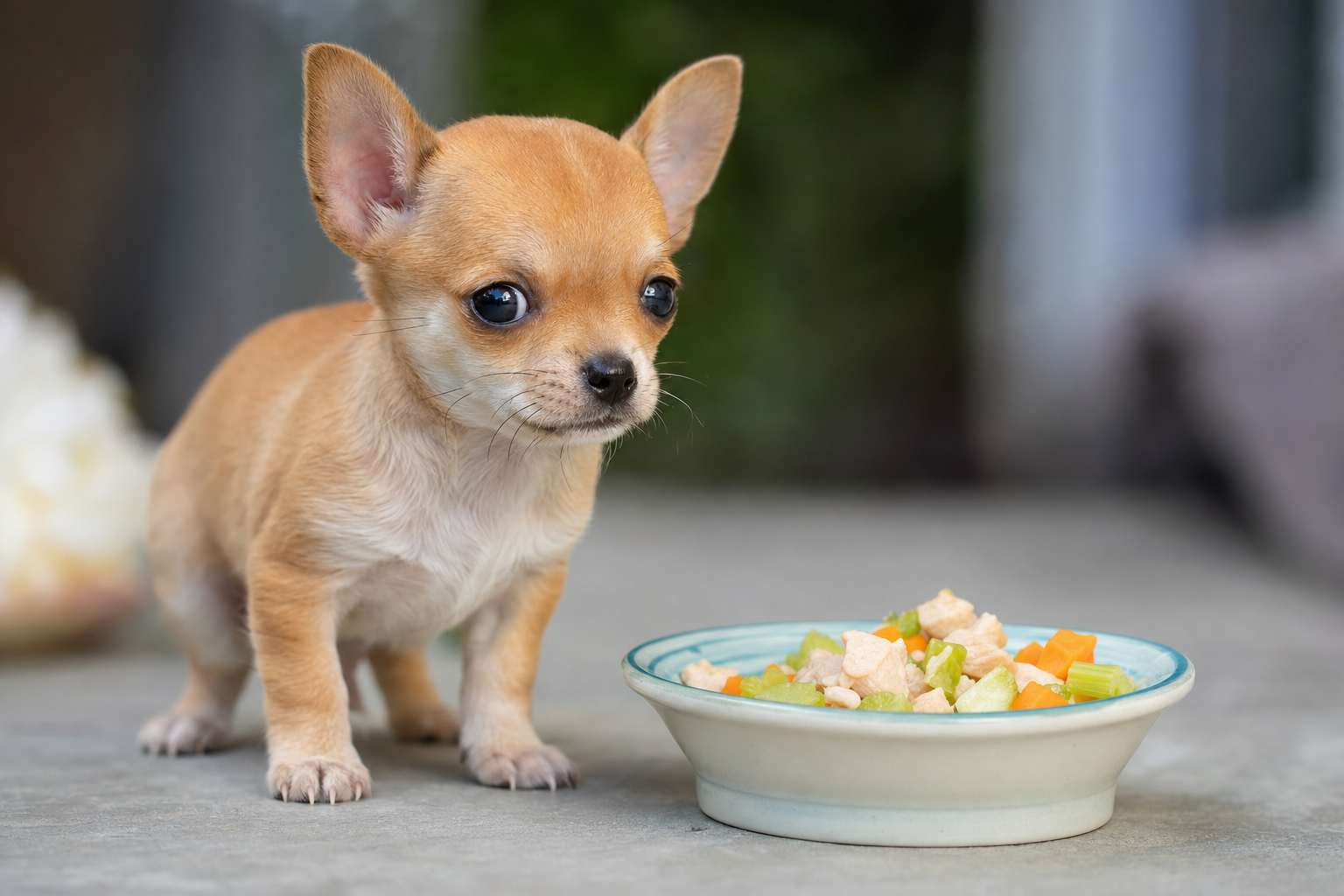 A healthy apple head Chihuahua looking up expectantly at a small bowl of high-quality kibble on a clean kitchen floor.