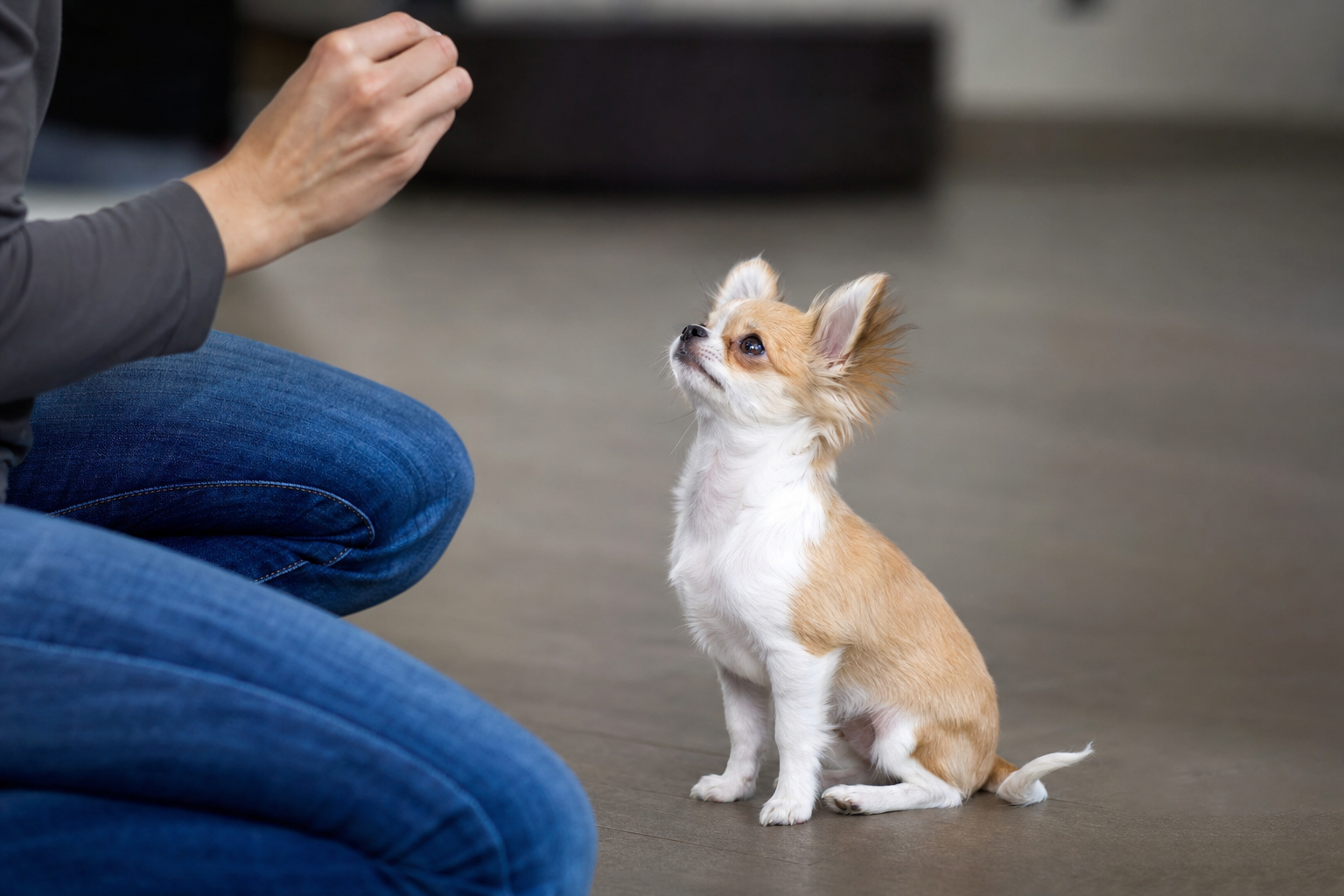 A focused Chihuahua looking up at its owner during a training session in a sunny park.