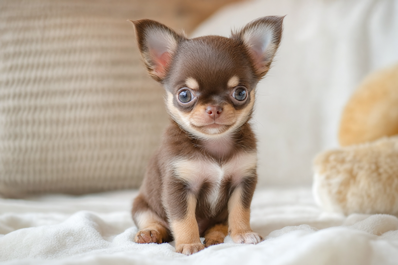 A smooth-coat Apple Head Chihuahua puppy sits on a blanket, illustrating the classic Chihuahua temperament.