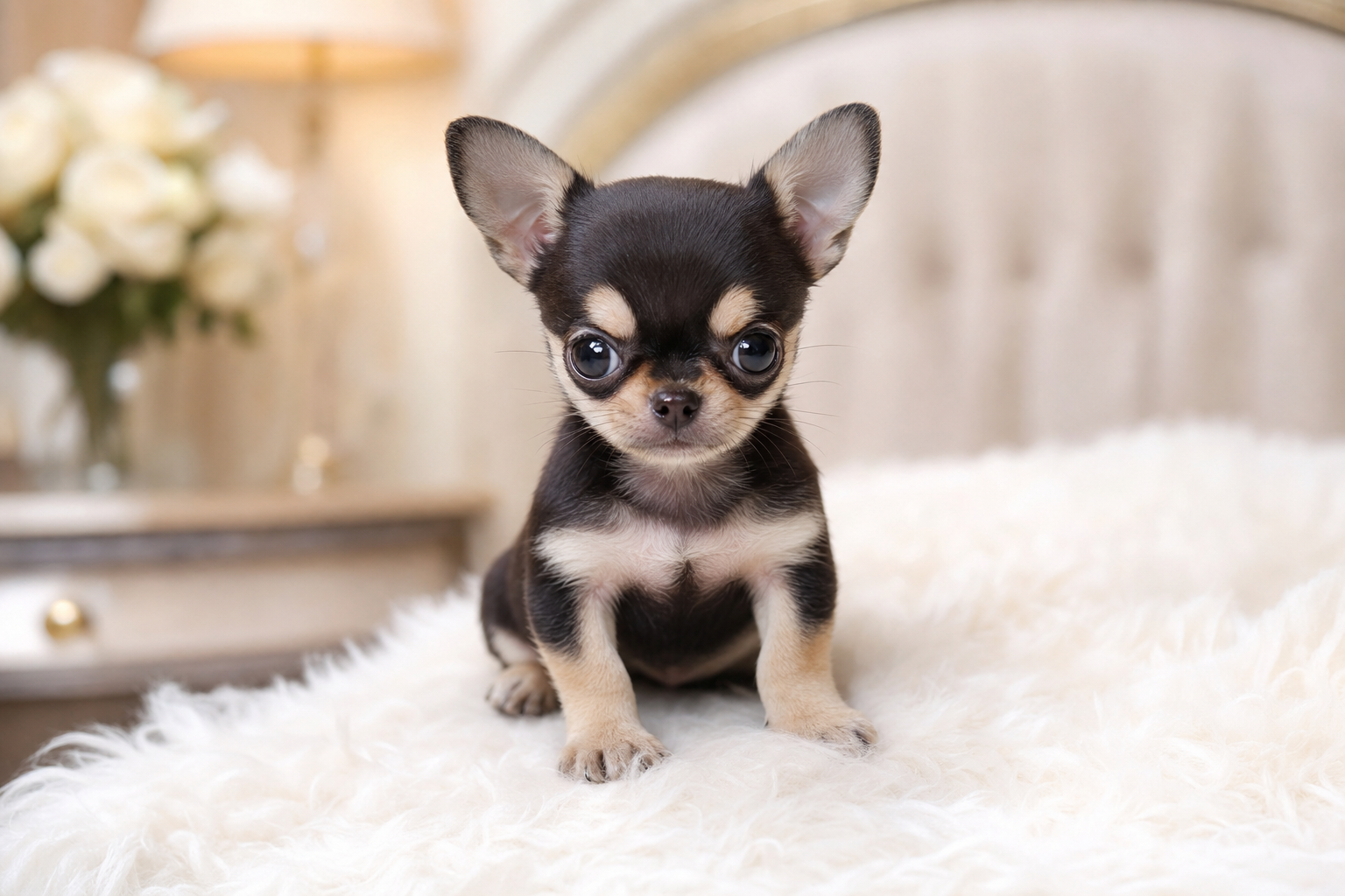 A healthy, adorable white Maltese puppy for sale, sitting in a sunny San Francisco home, available from a top California breeder.
