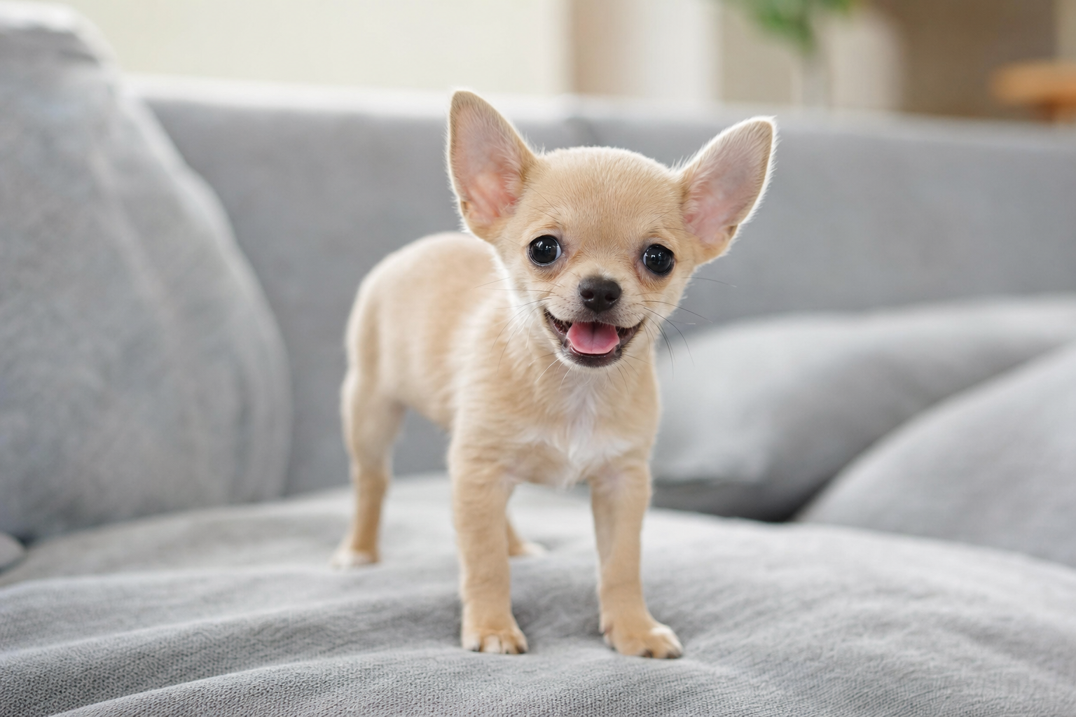 A tiny, curious long-coat Chihuahua puppy looking up while sitting on a soft blanket indoors, representing puppy development.