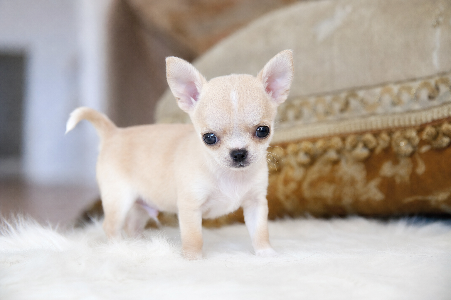 A healthy, adorable Shih Tzu puppy for sale in San Jose sits attentively in a sunlit California home.