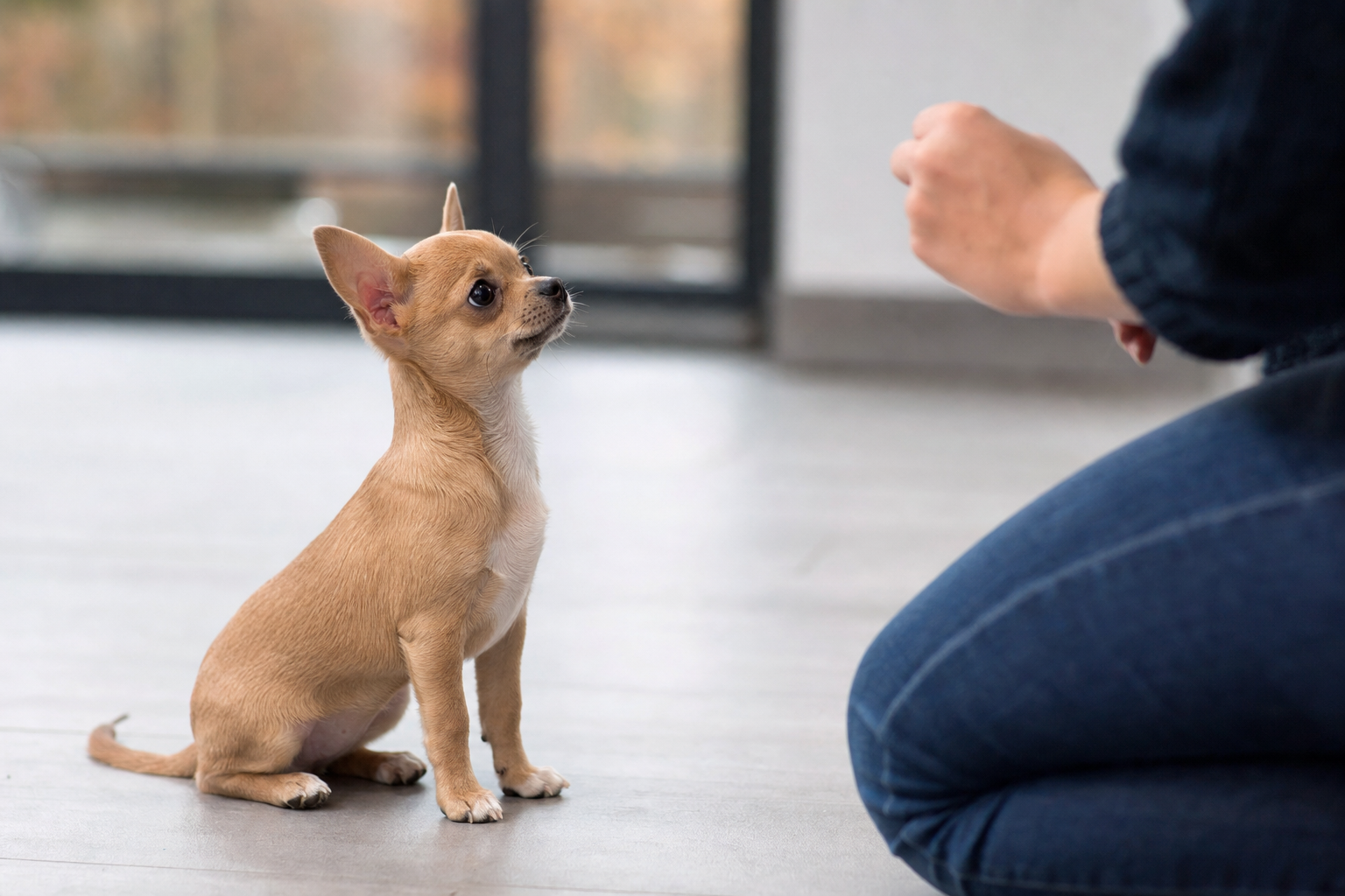 A focused long-coat Chihuahua patiently sitting and looking up at its owner during a training session in a sunny park.