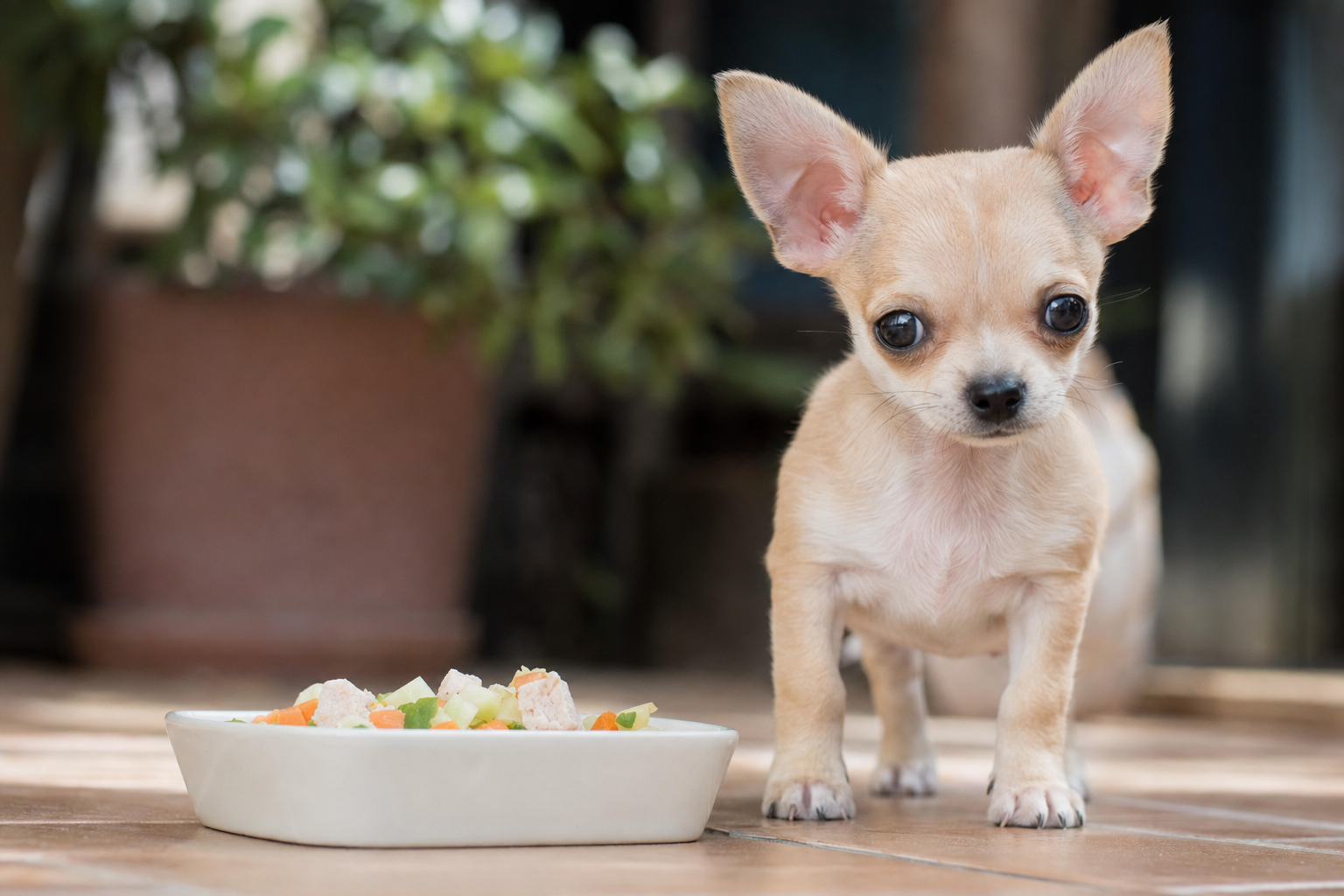 A healthy apple head Chihuahua eating high-quality kibble from a small blue bowl on a clean kitchen floor.