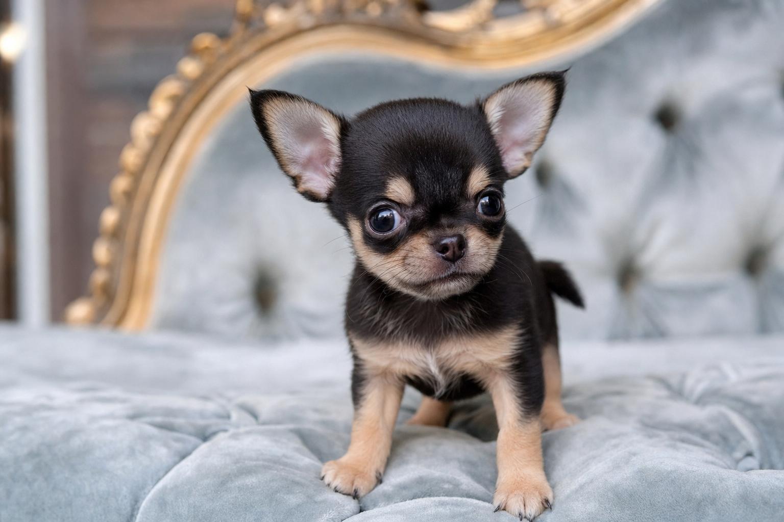 A tiny apple head Teacup Chihuahua puppy for sale in Fresno, California, sitting on a soft blanket.