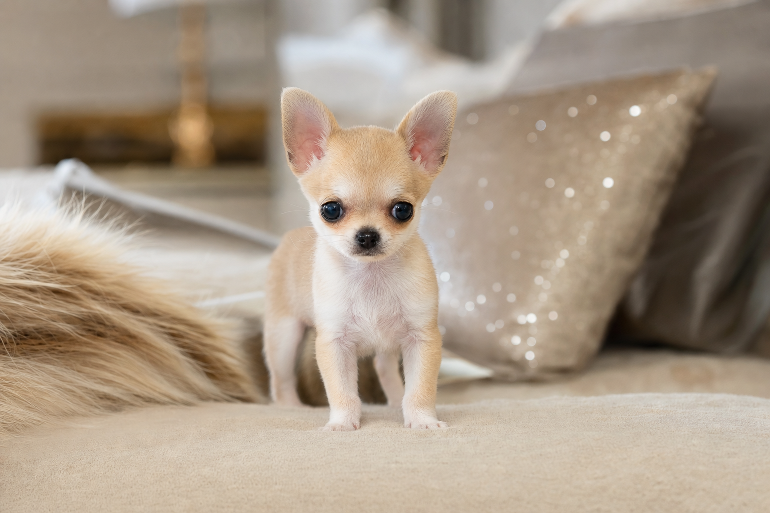 A tiny Apple Head Teacup Chihuahua puppy playing with a safe puppy toy in a Palm Springs home.