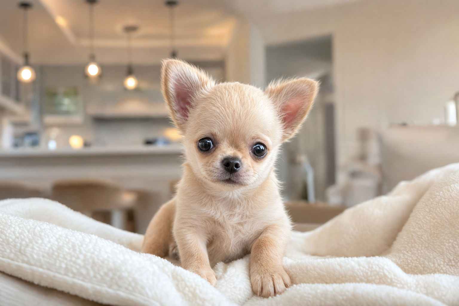 A tiny Apple Head Teacup Chihuahua puppy looking at a bowl of kibble, illustrating the best food for a teacup Chihuahua.
