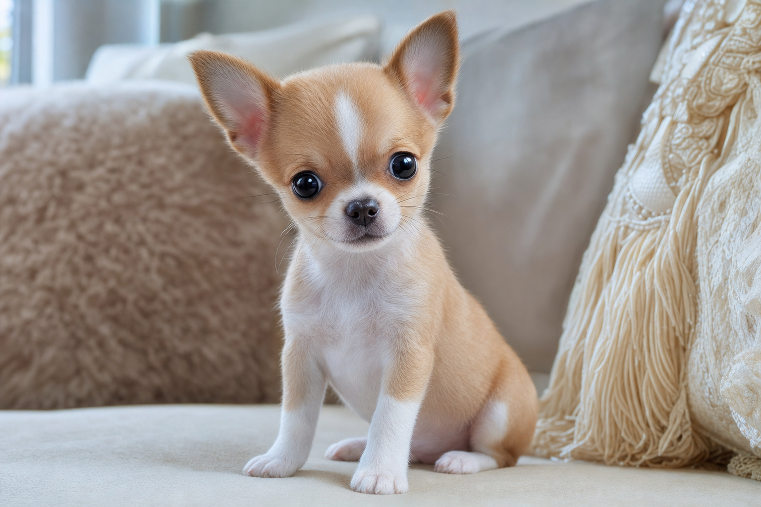A tiny Apple Head Chihuahua puppy eating from its bowl, following a safe feeding schedule for Chihuahua puppies.