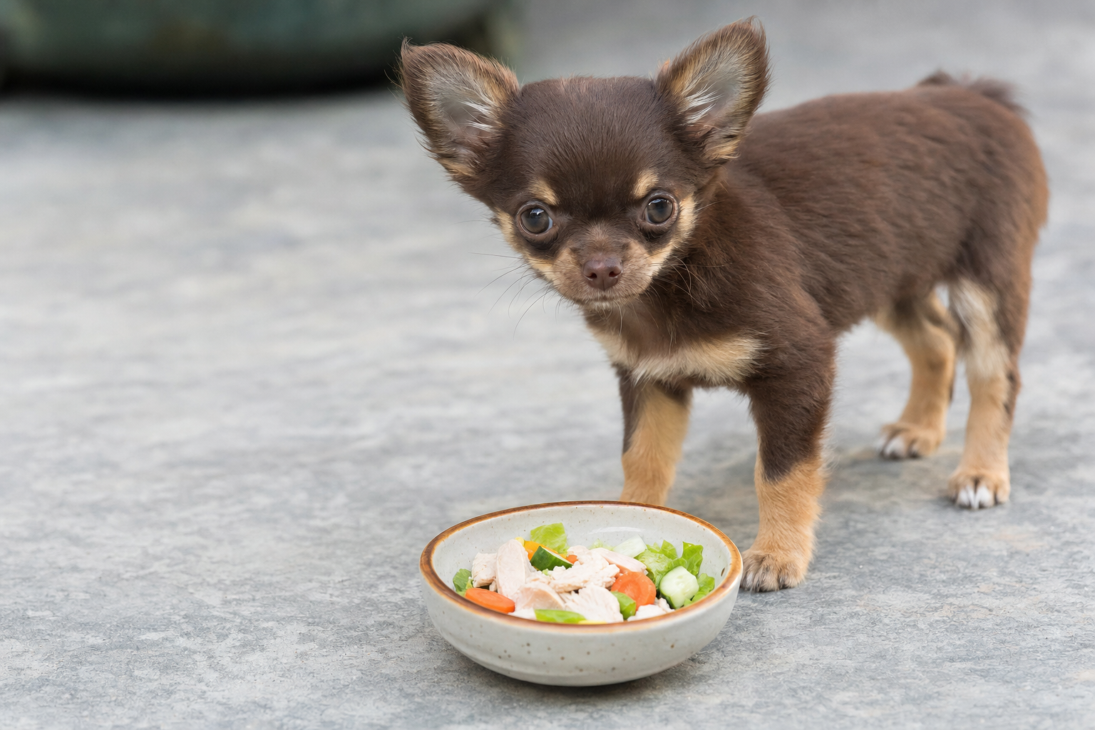 A healthy Apple Head Chihuahua looking alertly at a small bowl of high-quality kibble on a clean kitchen floor.