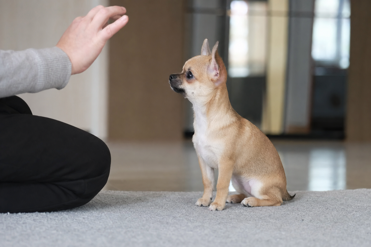 A focused Apple Head Chihuahua puppy sits patiently on a green lawn, looking up at its owner during a summer training session.