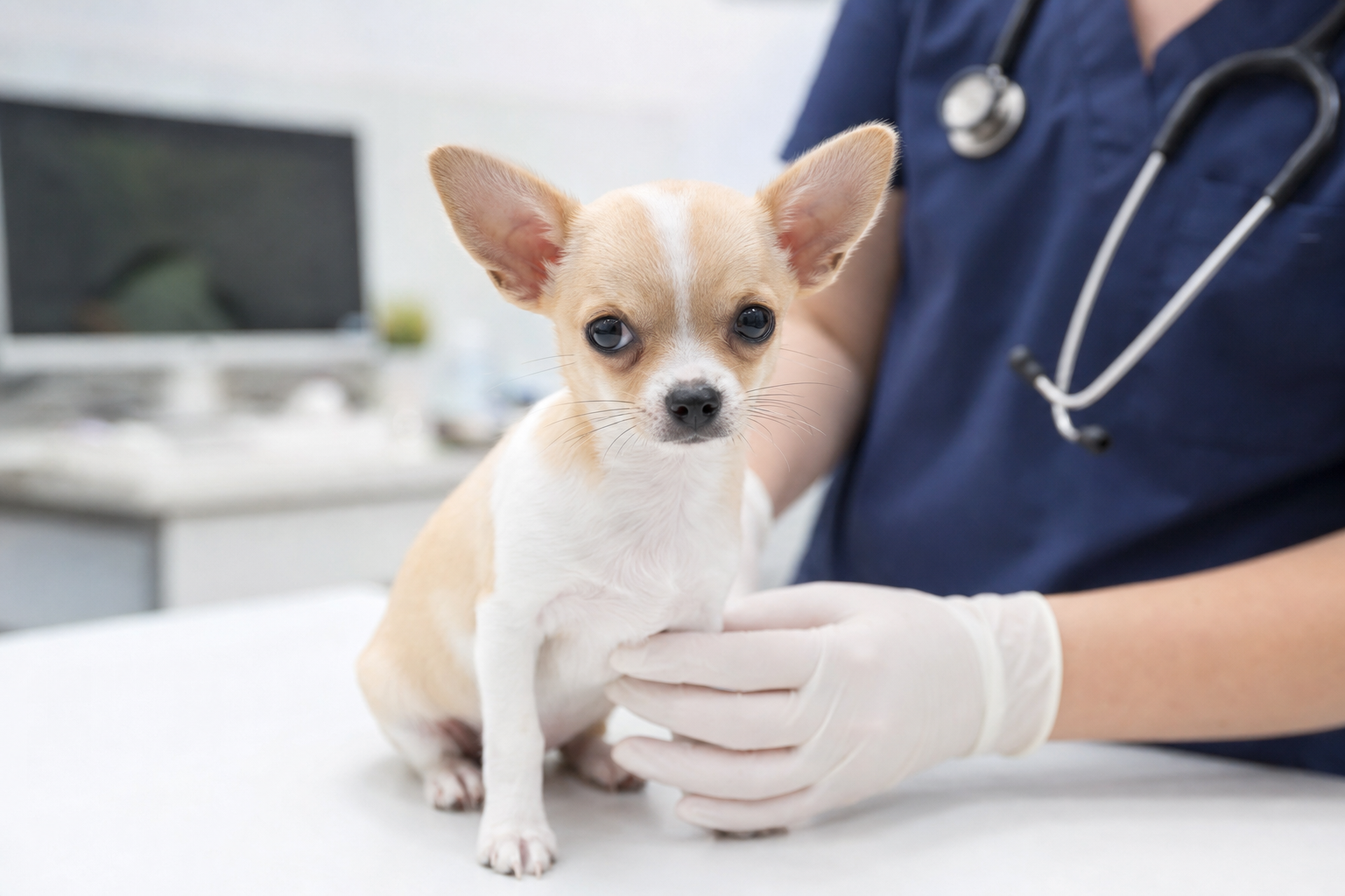 A healthy Long Hair Chihuahua looking alert while sitting on a soft blanket indoors, representing Chihuahua wellness.
