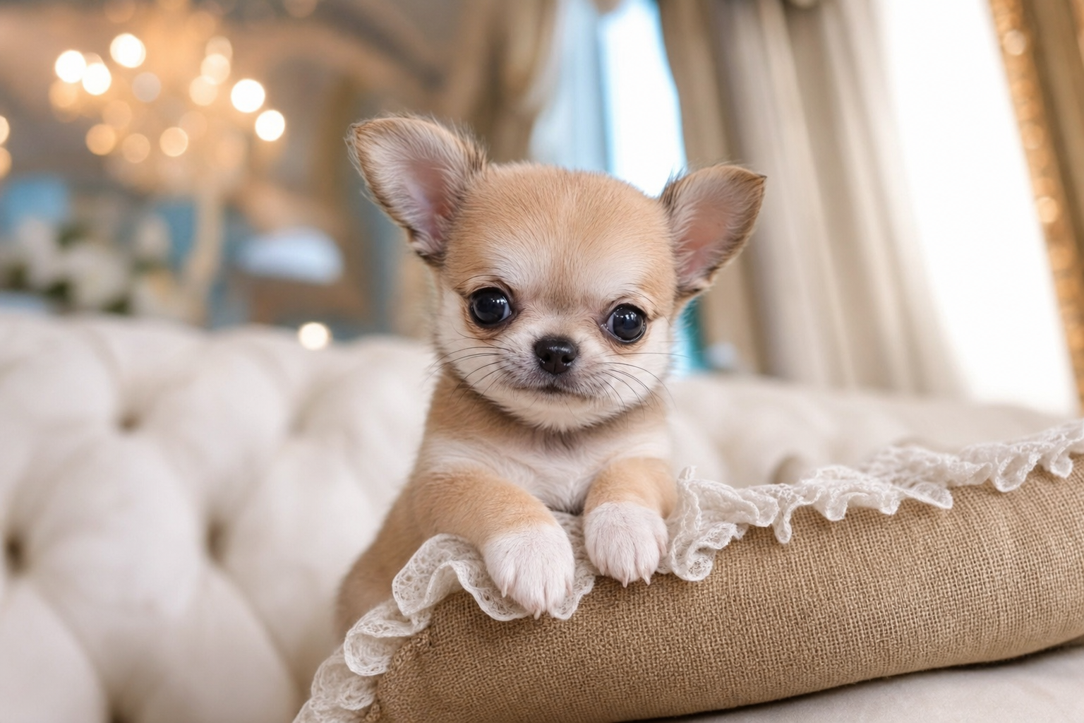 A perfectly groomed long hair Apple Head teacup Chihuahua puppy sitting in a modern Seattle apartment.