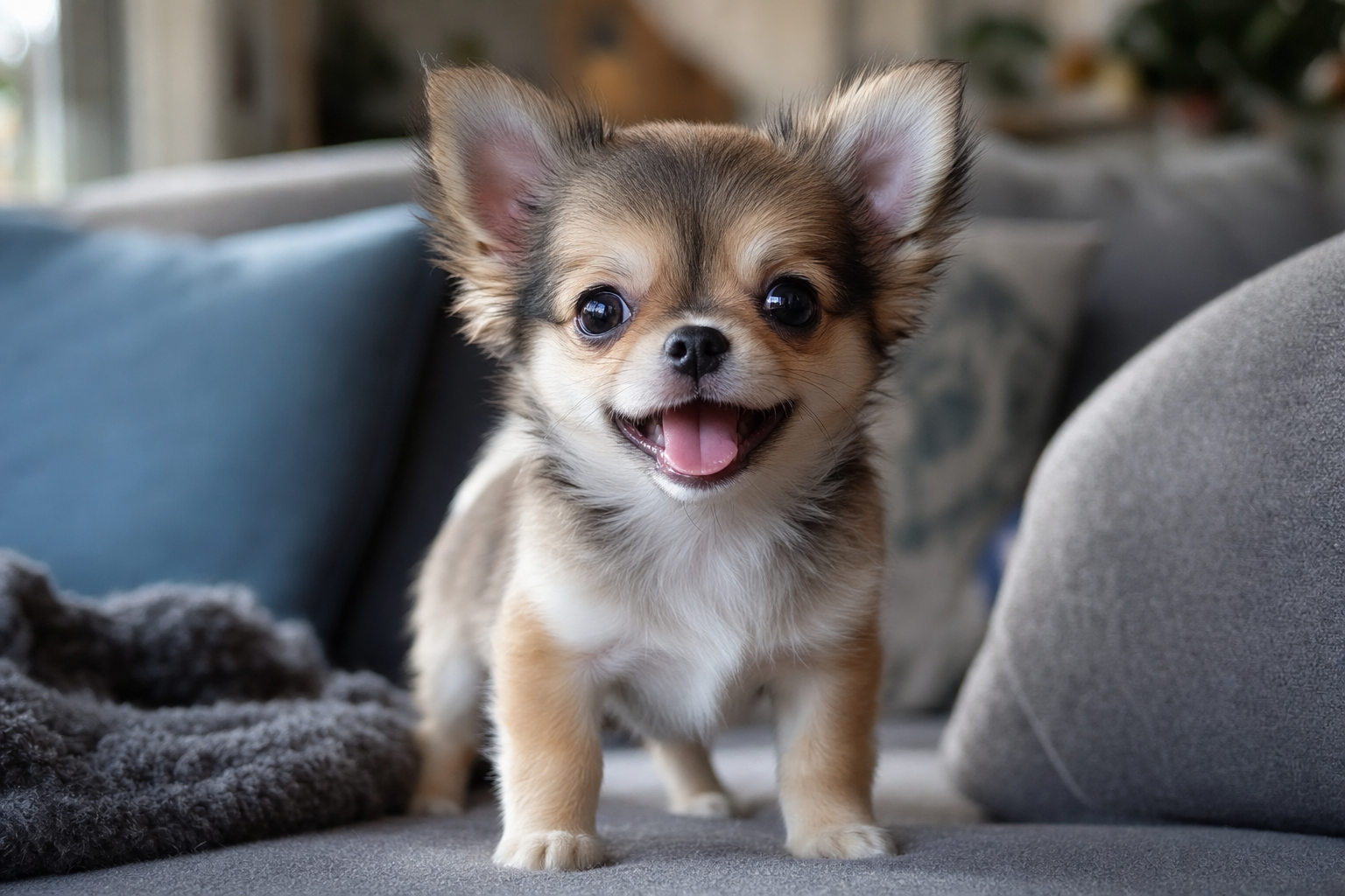 A tiny Apple Head Chihuahua puppy sleeping soundly in a soft blanket, illustrating daily life and rest for young dogs.