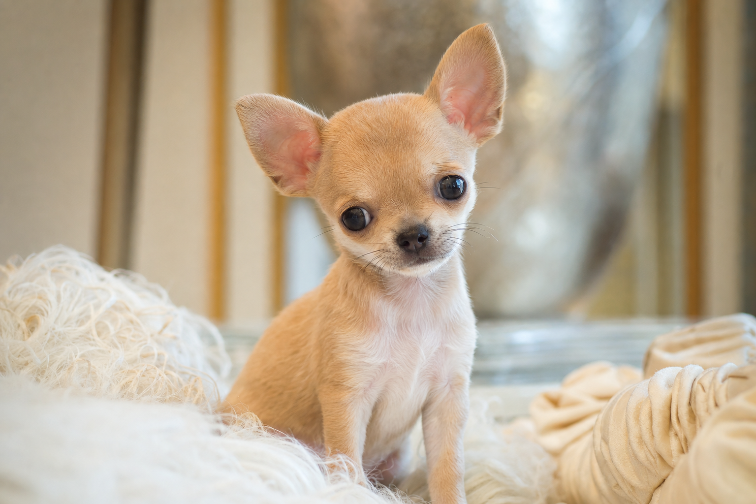A tiny teacup Chihuahua puppy resting on a soft blanket, illustrating the importance of monitoring for signs of hypoglycemia in small dogs.