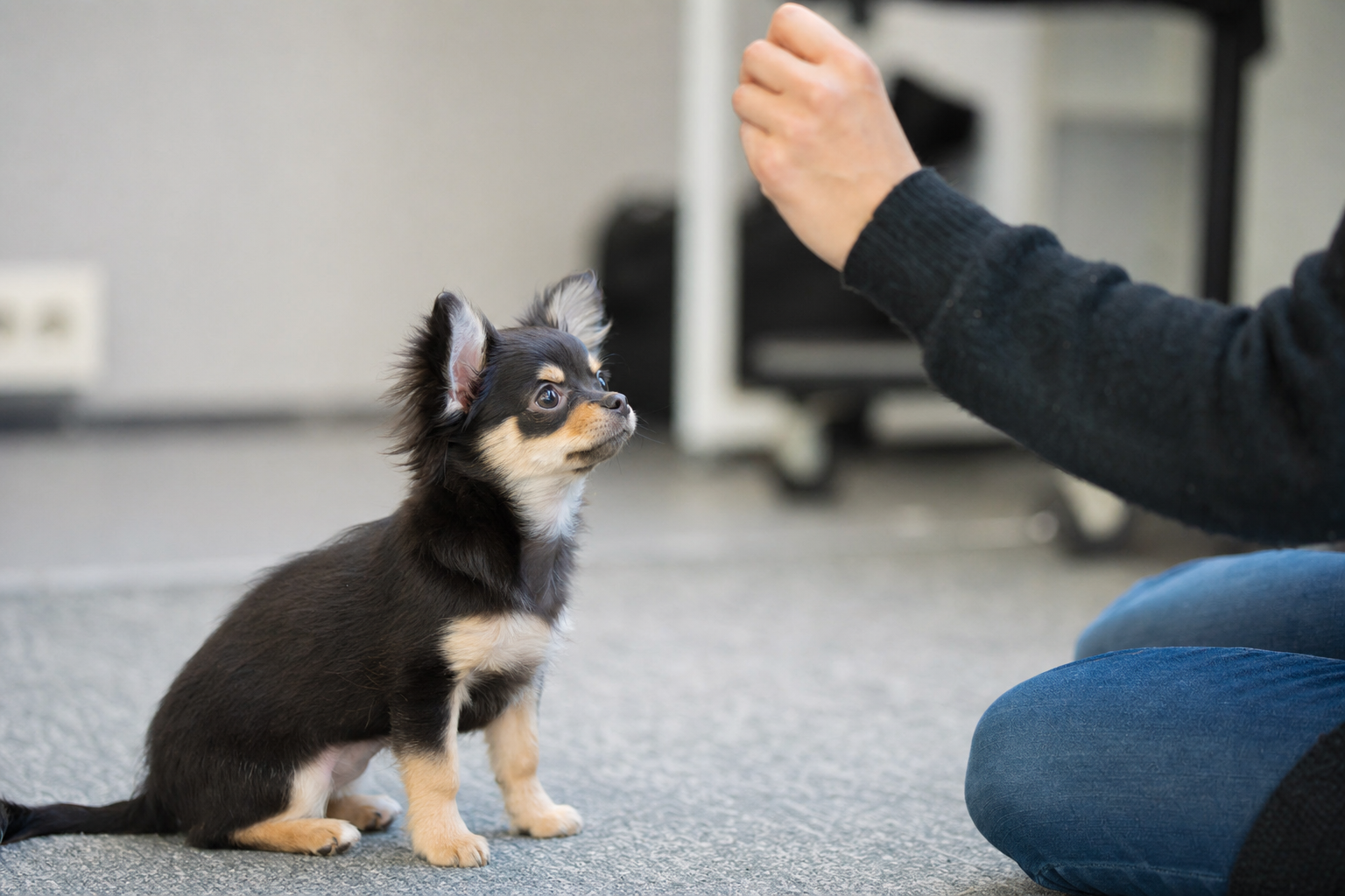 A focused Apple Head Chihuahua puppy sits patiently during a training session on a soft rug.