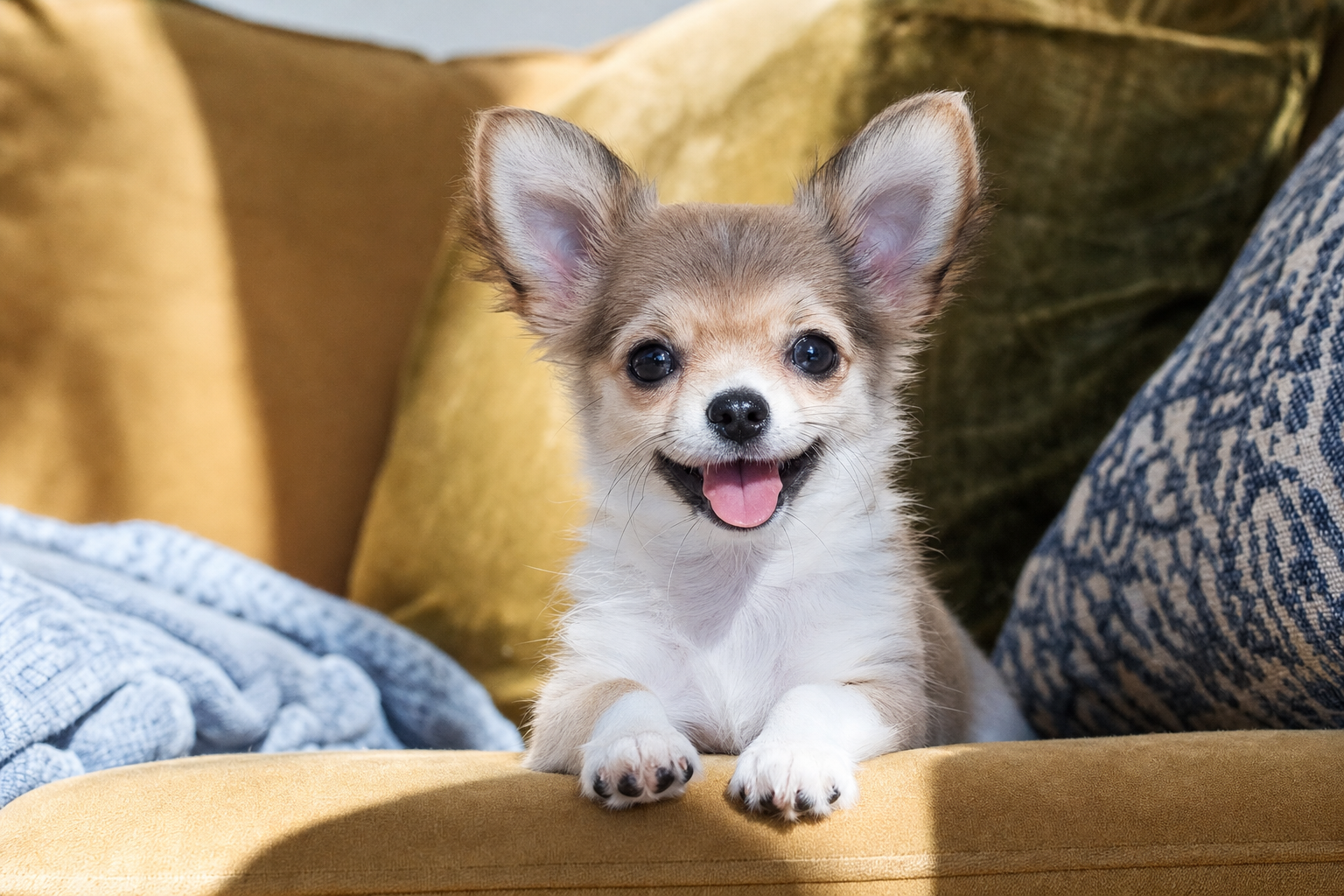 A tiny apple head Chihuahua puppy cautiously sniffing a colorful toy during a safe, supervised socialization session indoors.