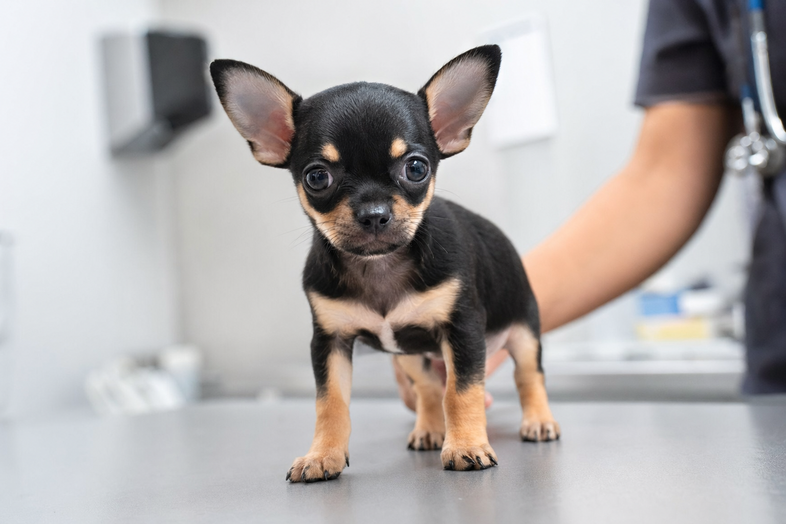 A veterinarian gently examines a healthy long-hair Chihuahua on a metal exam table.