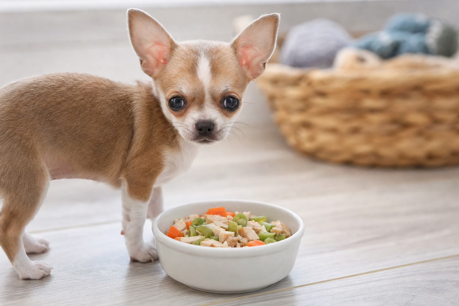 A healthy Long Hair Chihuahua looking up expectantly from next to its full food bowl in a bright, clean kitchen.
