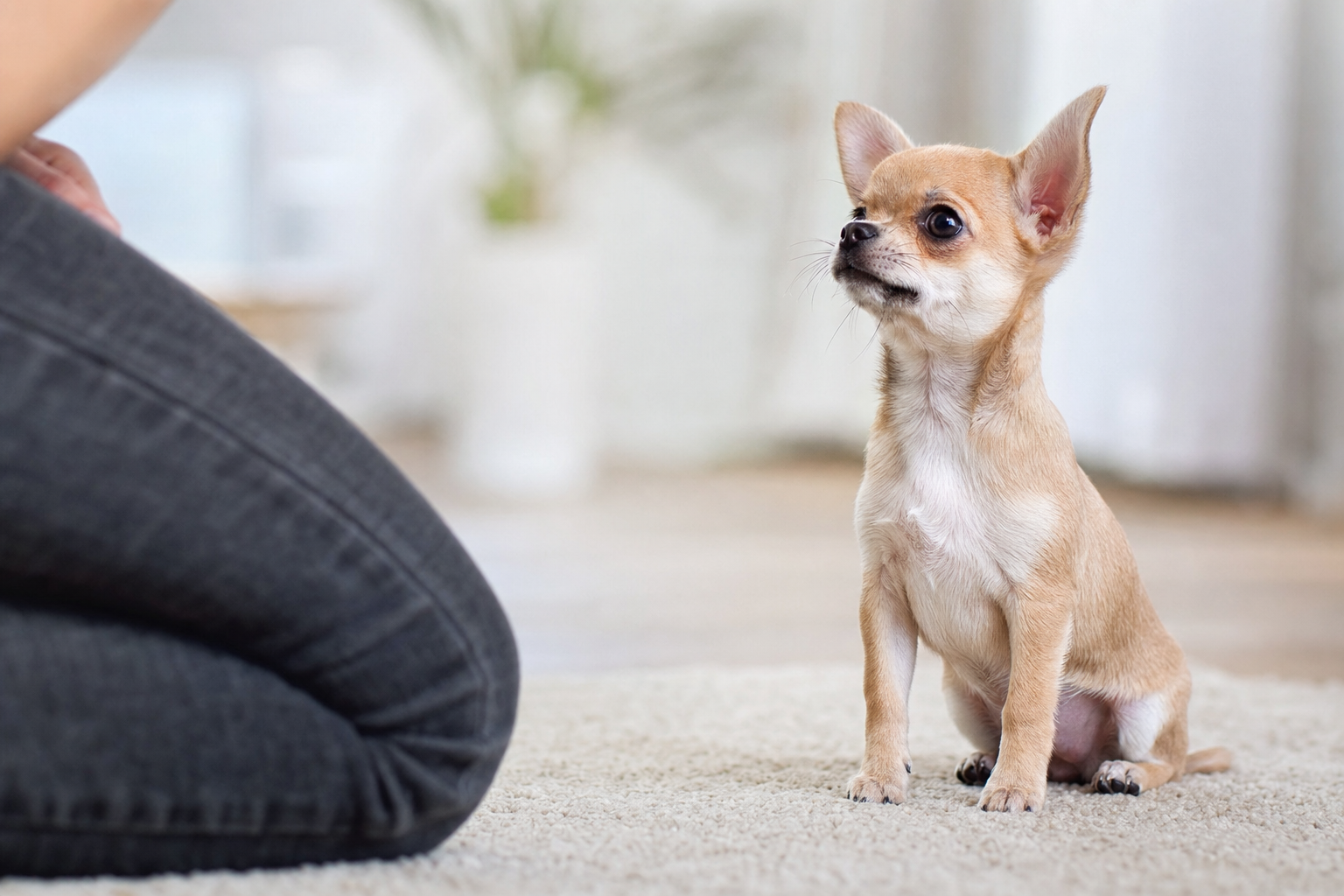 A long-haired Chihuahua puppy sitting attentively on a green lawn, looking up at its owner during a summer training session.