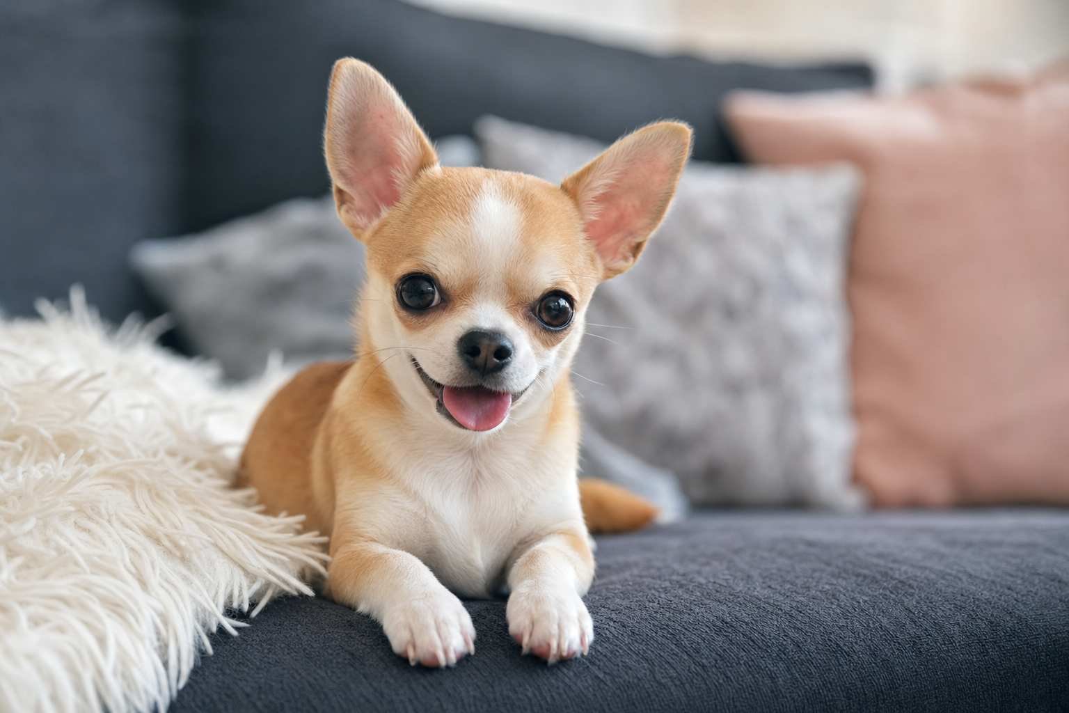 A tiny Long Hair Chihuahua puppy looking alert during a short play session on a soft rug, representing a daily routine.